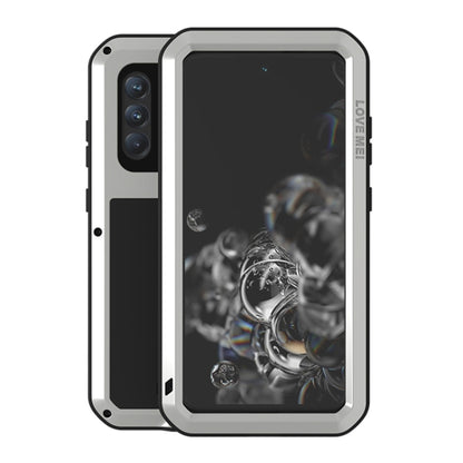 White protective phone case with clear glass screen cover, raised edges, and camera cutouts.