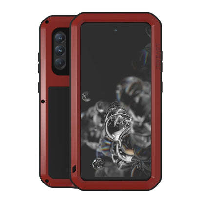 Red protective phone case with clear glass front panel, rugged frame, and camera cutouts.