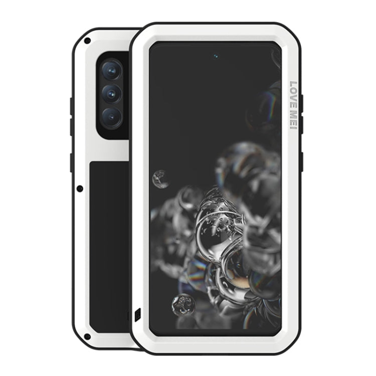 White protective phone case with clear glass screen cover and rugged metal bumper.