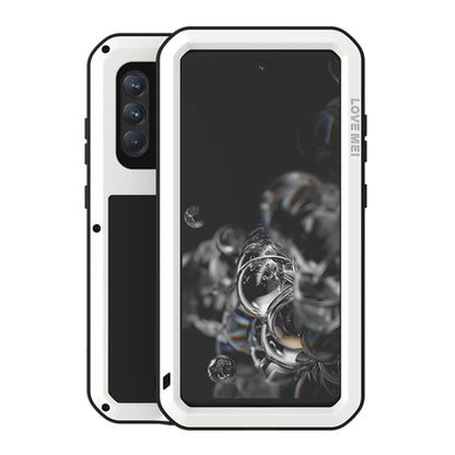 White protective phone case with clear glass screen cover and rugged metal bumper.