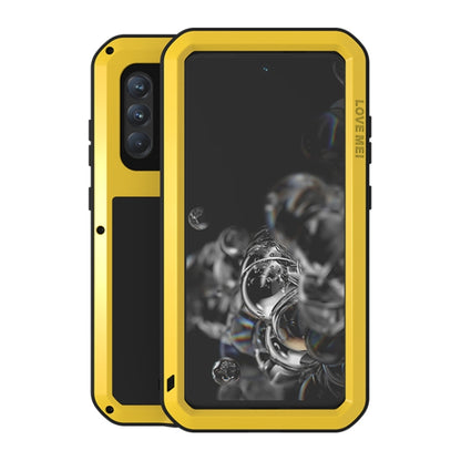 Yellow protective phone case with clear glass screen cover and side grip accents.