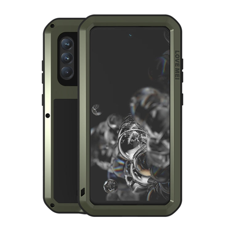 Olive green protective phone case with clear glass screen cover and metal corner protection.