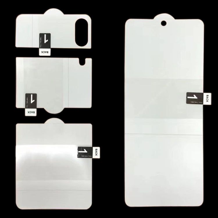 Foldable phone hydrogel film screen protector pieces, shaped for internal and back coverage