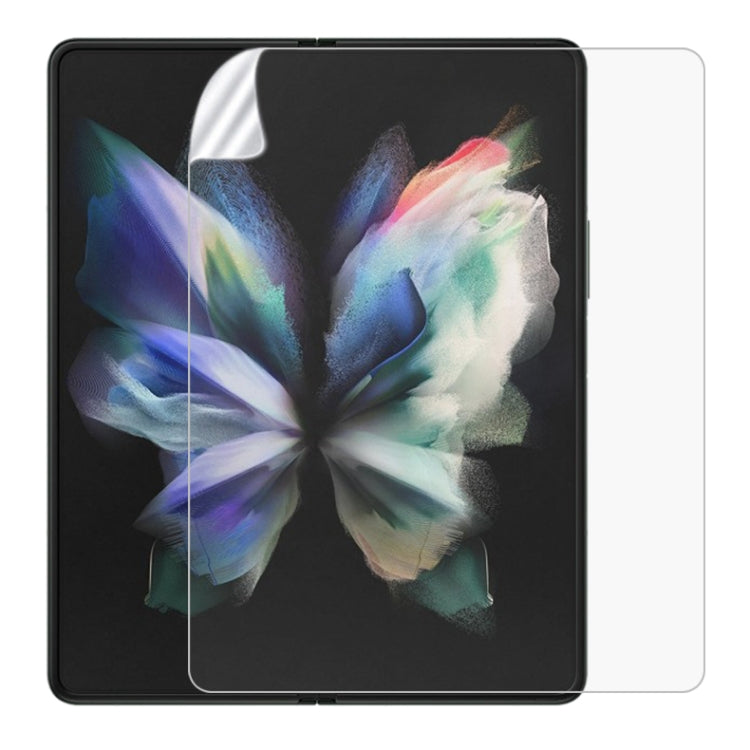 Hydrogel full-screen screen protector film on a foldable phone front, clear overlay