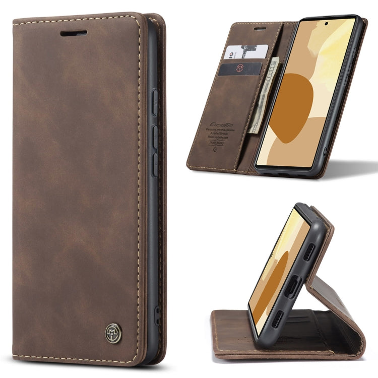 Brown leather flip phone case with card slot and magnetic closure, horizontal flip