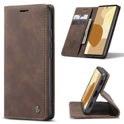 Brown leather flip phone case with card slot and magnetic closure, horizontal flip