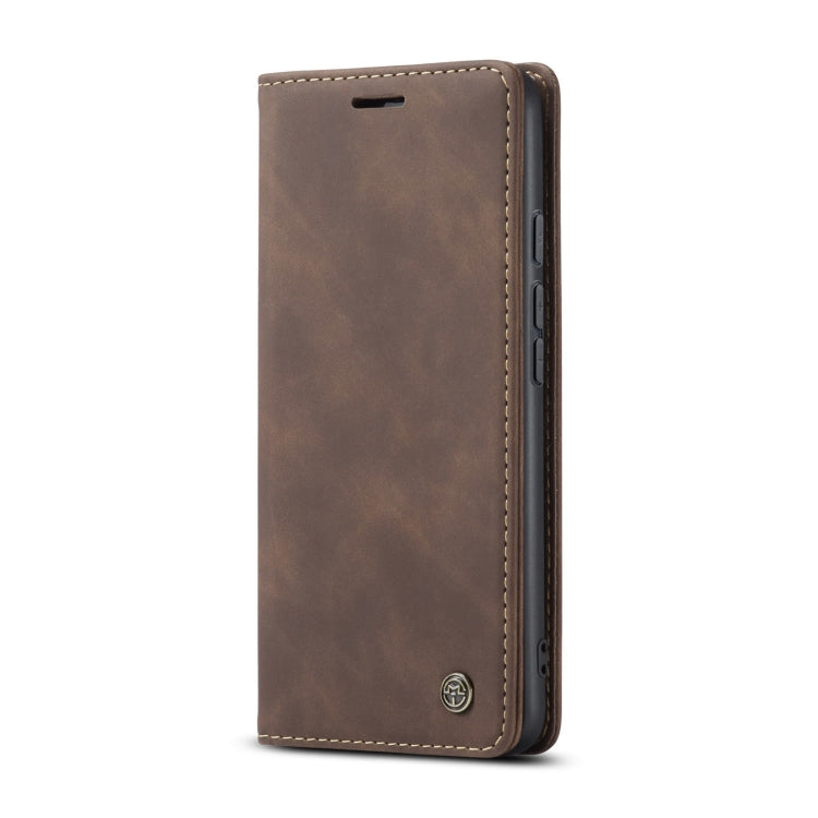 Brown leather flip phone case, back cover with stitched edges and magnetic closure