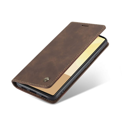 Brown leather flip wallet phone case, closed front with stitched edge and clasp