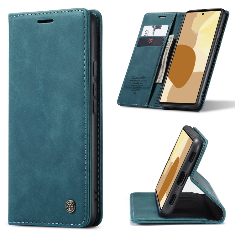 Blue leather flip wallet phone case with card slots and kickstand