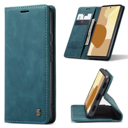 Blue leather flip wallet phone case with card slots and kickstand