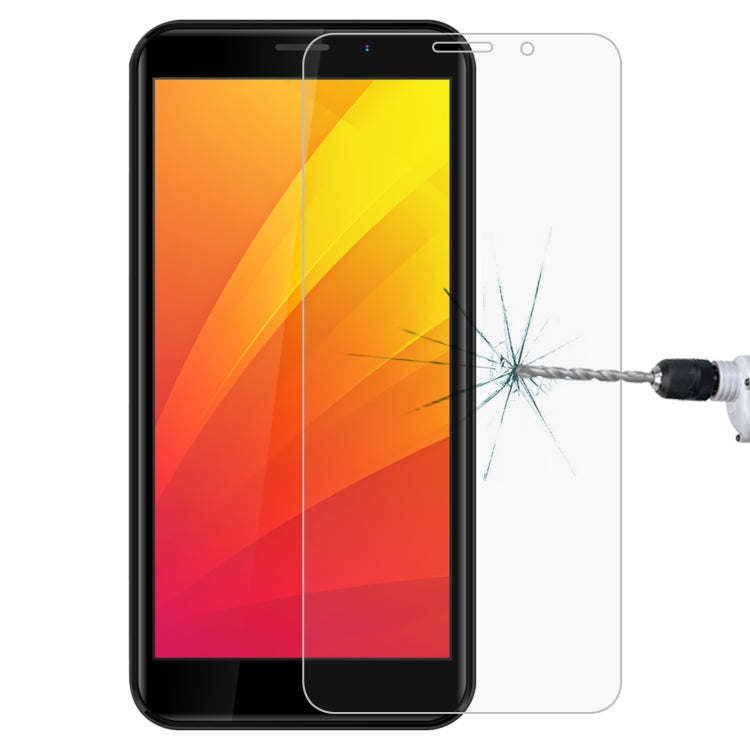 Clear 2.5D tempered glass screen protector film on smartphone screen, crack visible