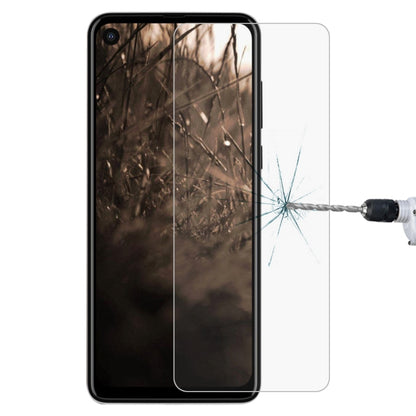 Clear 2.5D tempered glass screen protector film on smartphone screen, crack visible