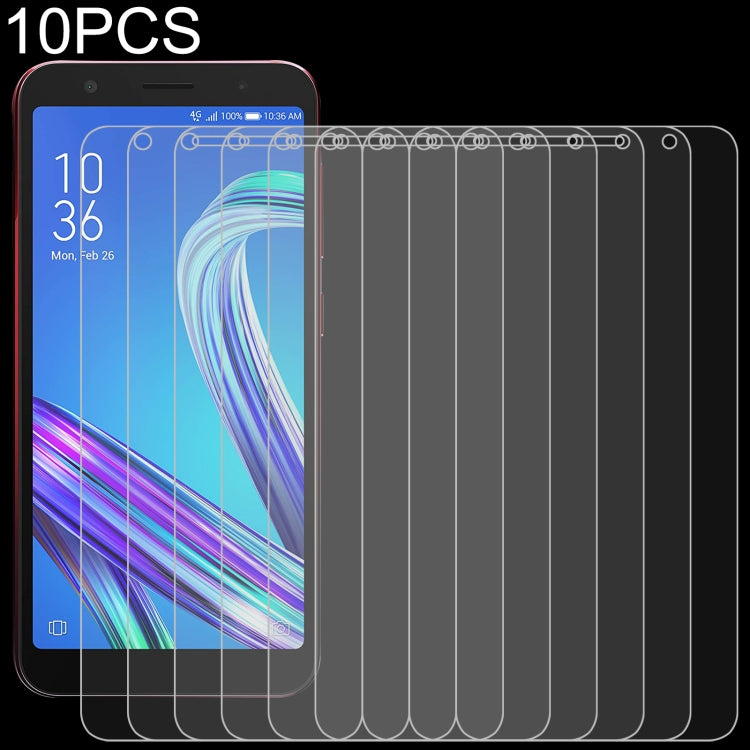 Set of 10 tempered glass screen protectors, one film placed on a phone display