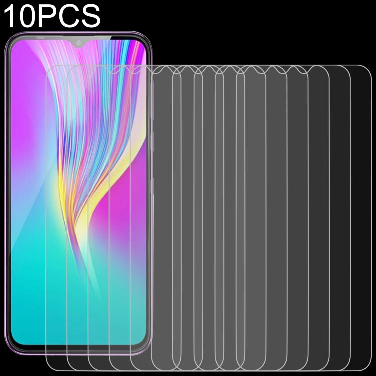 Set of 10 tempered glass screen protectors, one film on a phone with rounded corners