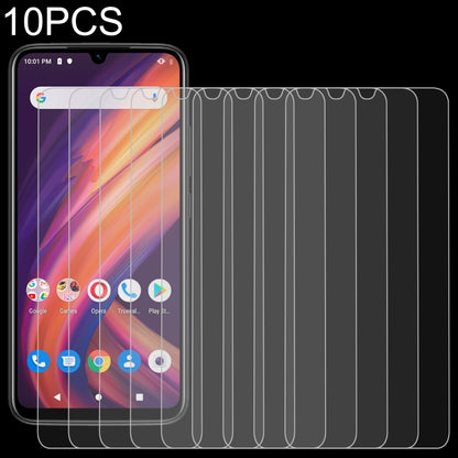 Set of 10 tempered glass screen protectors, multiple films aligned beside a phone