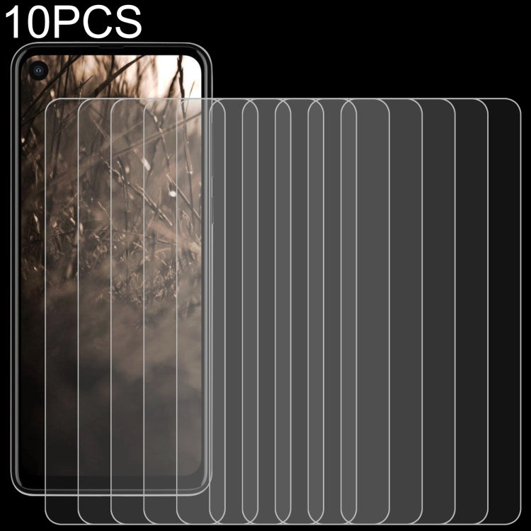 Set of 10 tempered glass screen protectors, stacked films in front of a phone