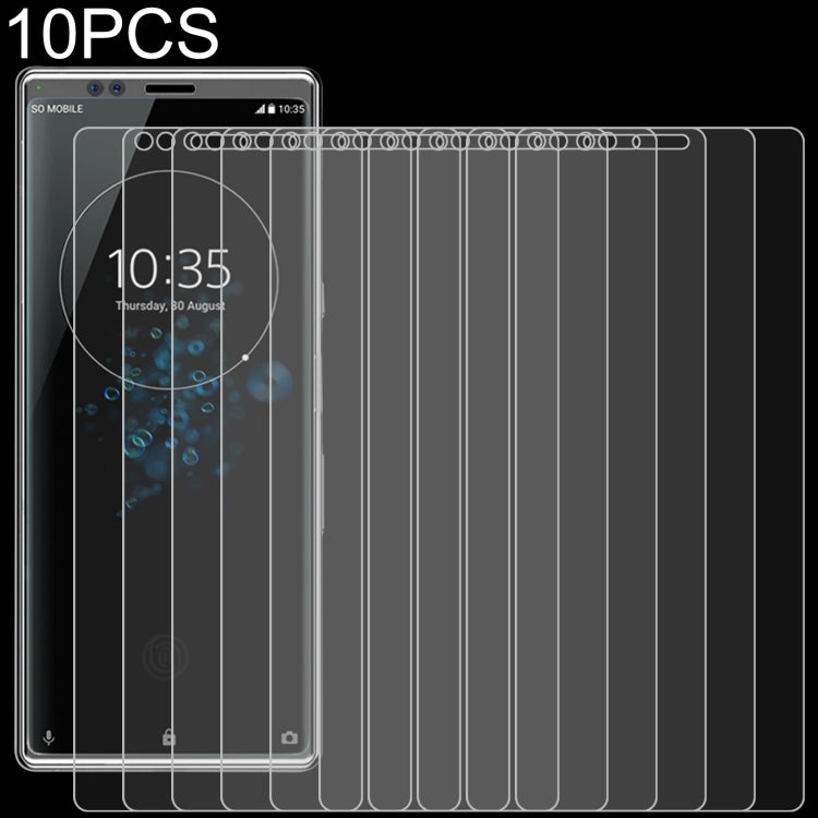 Set of 10 tempered glass screen protectors, multiple films displayed in front of a phone