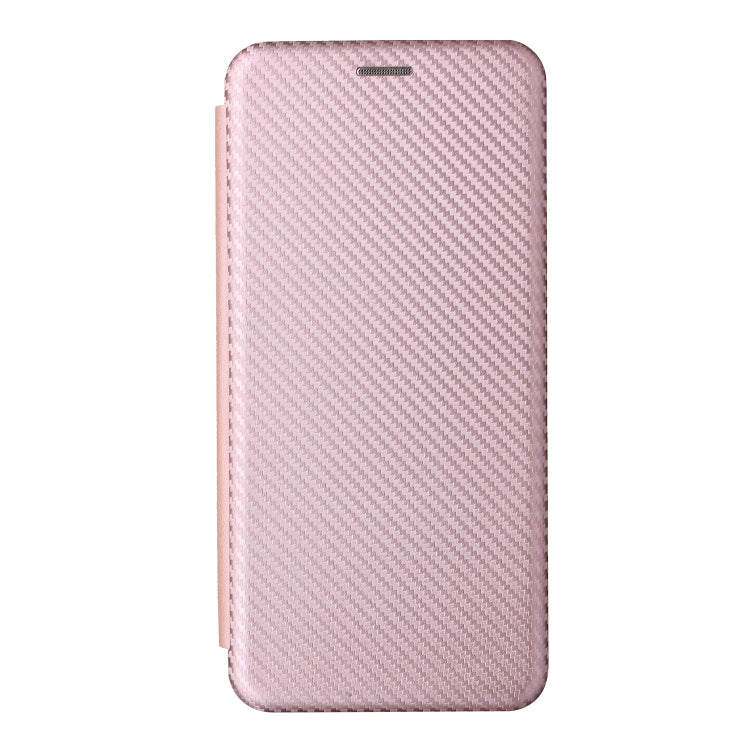 Pink flip phone case with carbon fiber texture back and slim top closure.