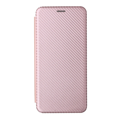 Pink flip phone case with carbon fiber texture back and slim top closure.