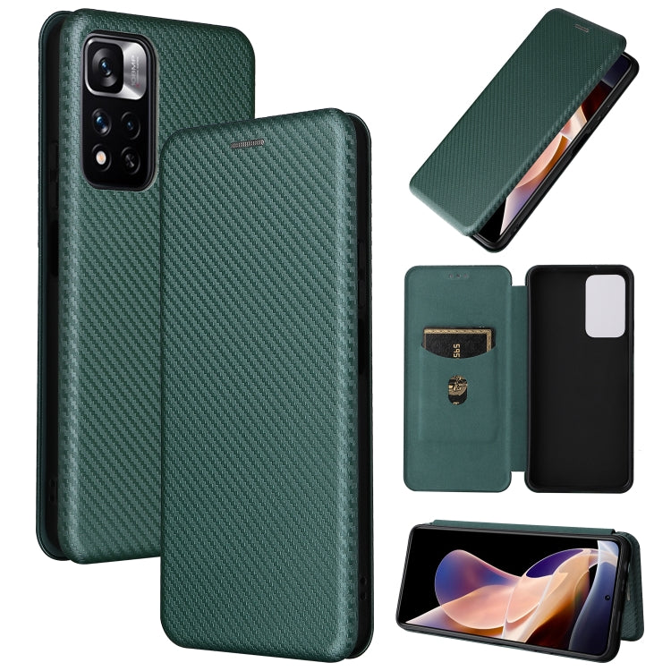 Green carbon fiber texture magnetic flip PU phone case with camera cutout.