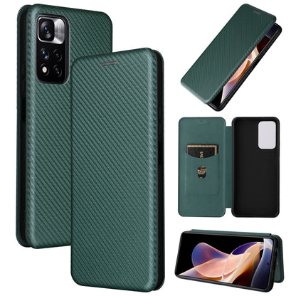 Green carbon fiber texture magnetic flip PU phone case with camera cutout.