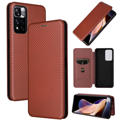 Brown carbon fiber PU magnetic flip phone case with camera cutout and card slot