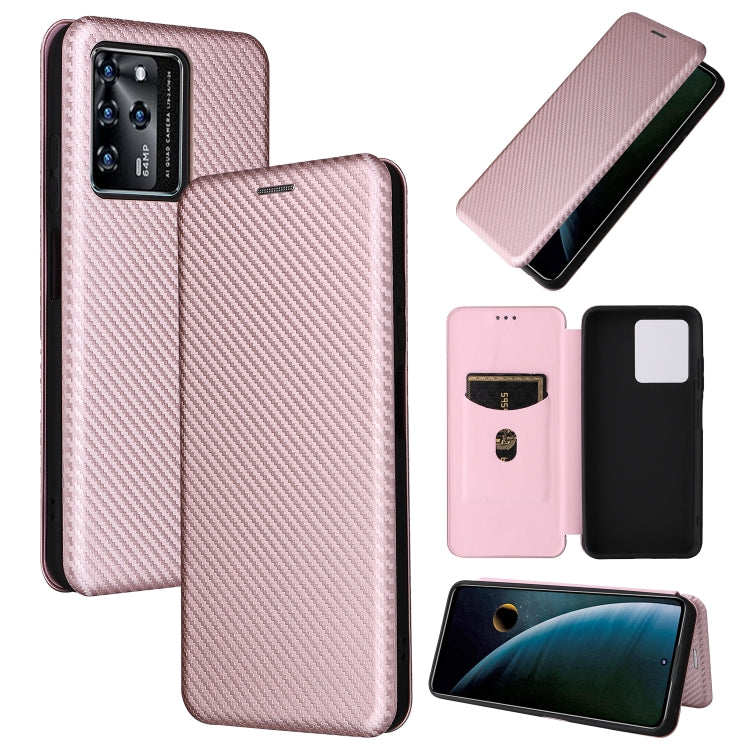 Pink carbon fiber PU magnetic flip phone case with camera cutout and card slot