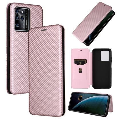 Pink carbon fiber PU magnetic flip phone case with camera cutout and card slot