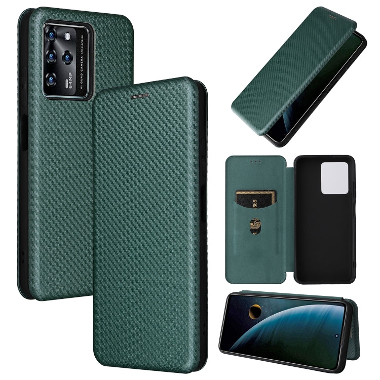 Green carbon fiber PU magnetic flip phone case with camera cutout and card slot