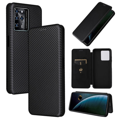 Black carbon fiber PU magnetic flip phone case with camera cutout and card slot