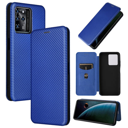 Blue carbon fiber PU magnetic flip phone case with camera cutout and card slot