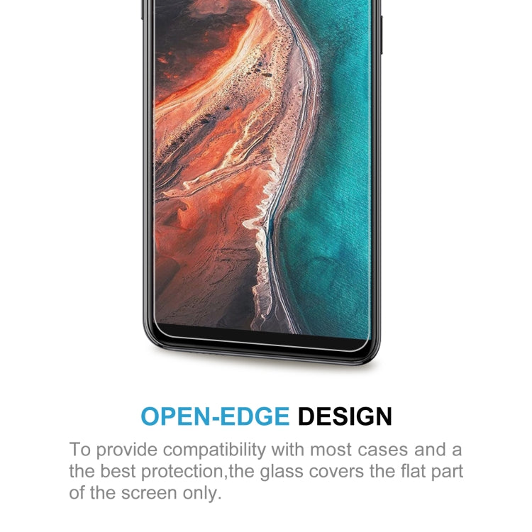 Tempered glass screen protector covering flat phone screen area, open-edge design