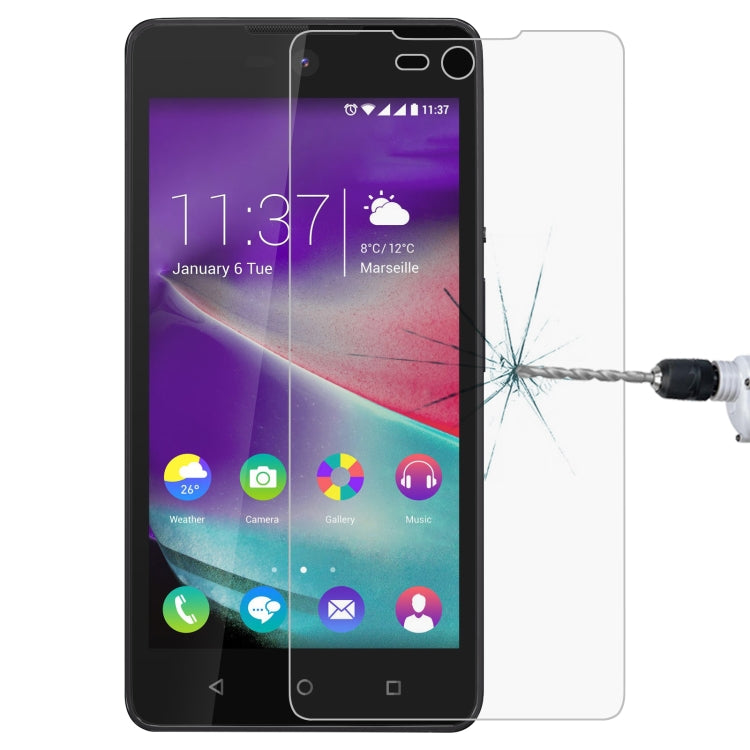 Tempered glass screen protector on smartphone front, crack effect near screen edge