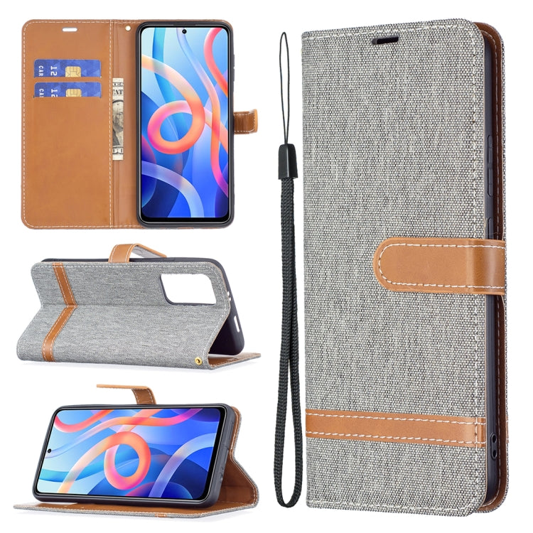 Denim-texture phone wallet case with lanyard, card slots, and stand flap, grey color