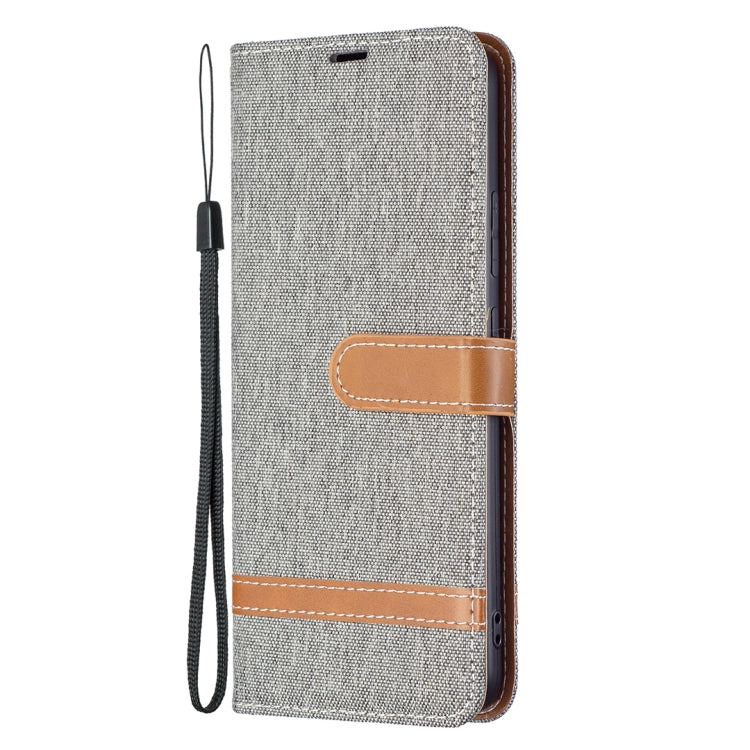 Grey denim-texture phone wallet case with lanyard and front magnetic flap