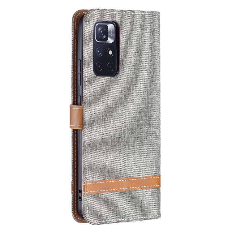 Grey denim-texture phone wallet case with leather strap and camera cutout