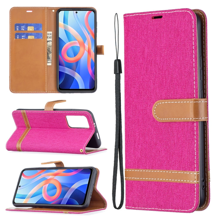 Pink denim-texture phone wallet case with lanyard, card slots, and stand flap