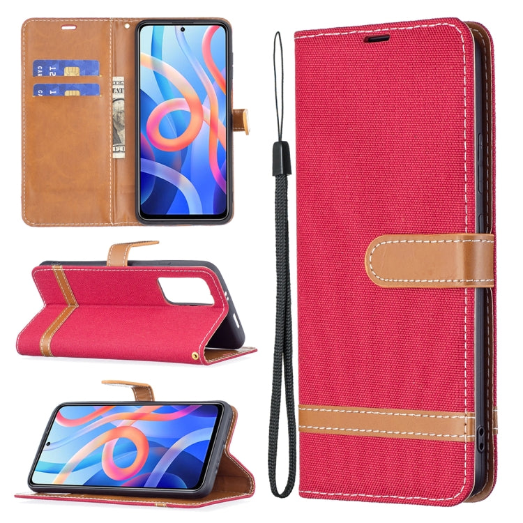Red denim-texture phone wallet case with lanyard, card slots, and stand flap