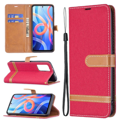 Red denim-texture phone wallet case with lanyard, card slots, and stand flap