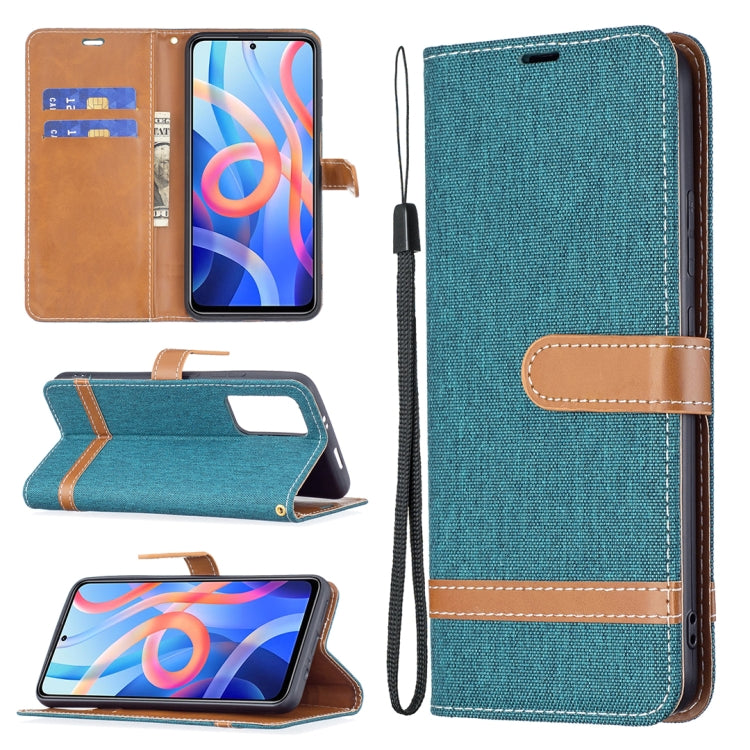 Denim-texture phone wallet case with teal fabric, tan trim, card slots, and lanyard