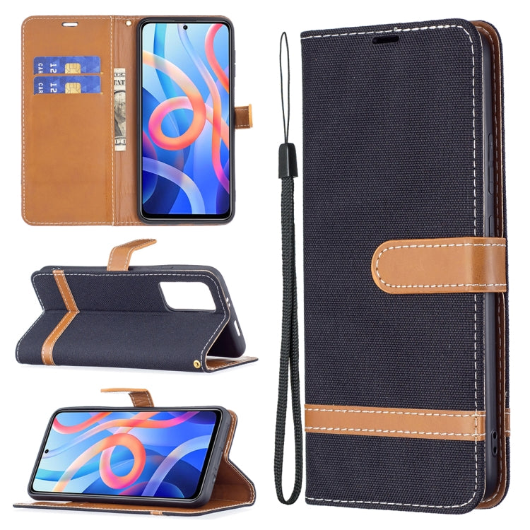 Denim-texture phone wallet case with dark navy fabric, tan trim, card slots, and lanyard