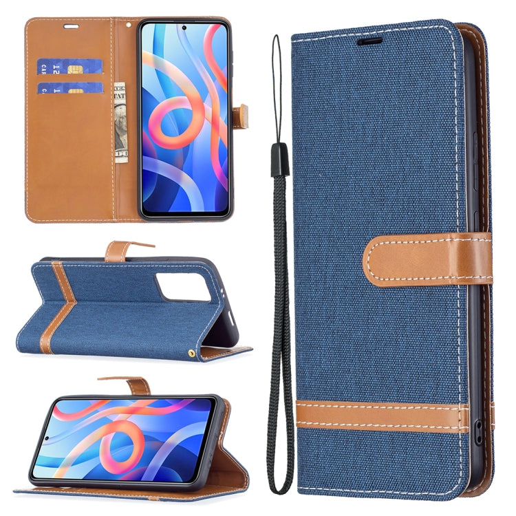Denim-texture phone wallet case with blue fabric, tan trim, card slots, and lanyard