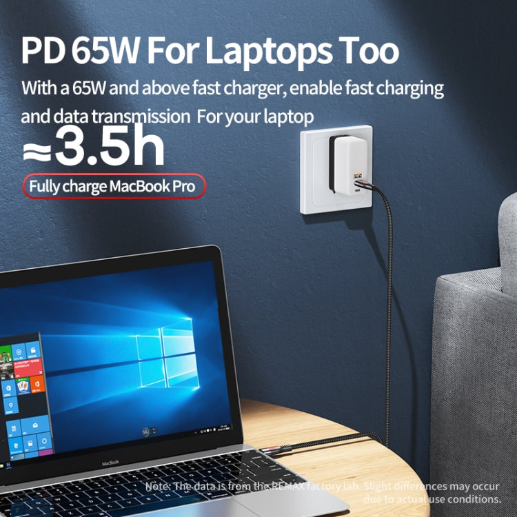Braided black USB-C cable with Type-C connectors, used for laptop charging