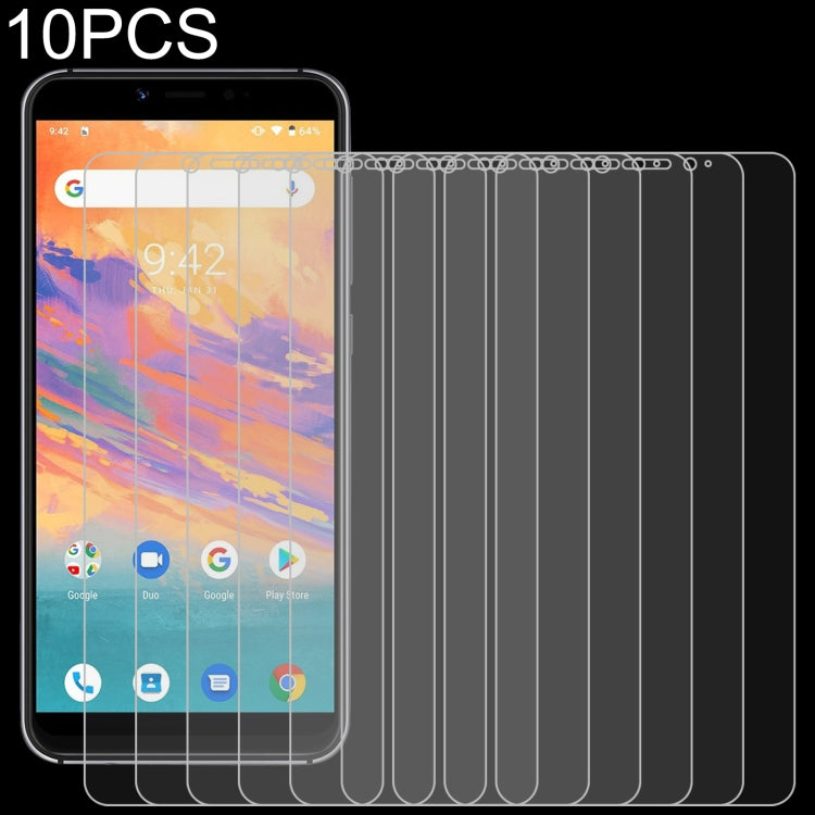 Ten-pack 9H 2.5D tempered-glass screen protectors lined up for a smartphone