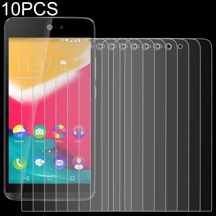 Ten 9H 2.5D tempered-glass screen protector sheets arranged for a phone display