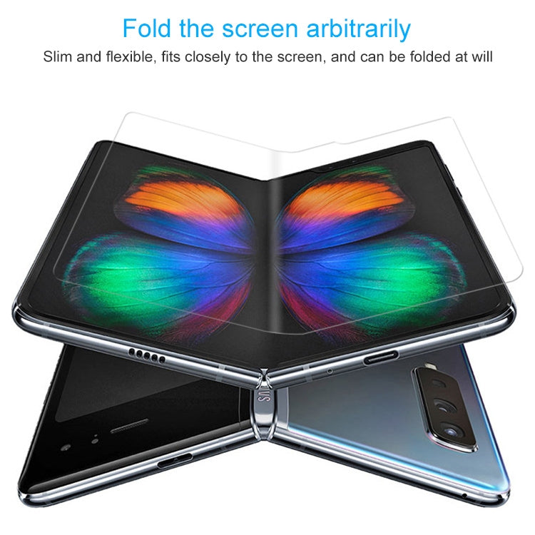 Hydrogel screen protector film covering a foldable phone screen while folded