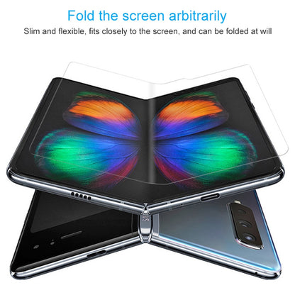 Hydrogel screen protector film covering a foldable phone screen while folded