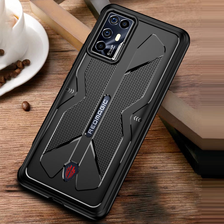 Black TPU phone case with textured panels, camera cutouts, and red gaming emblem