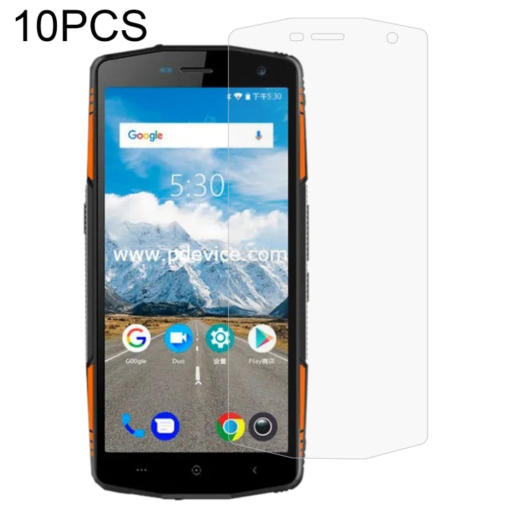 Tempered glass screen protector set (10 pcs) with transparent film on rugged black phone.