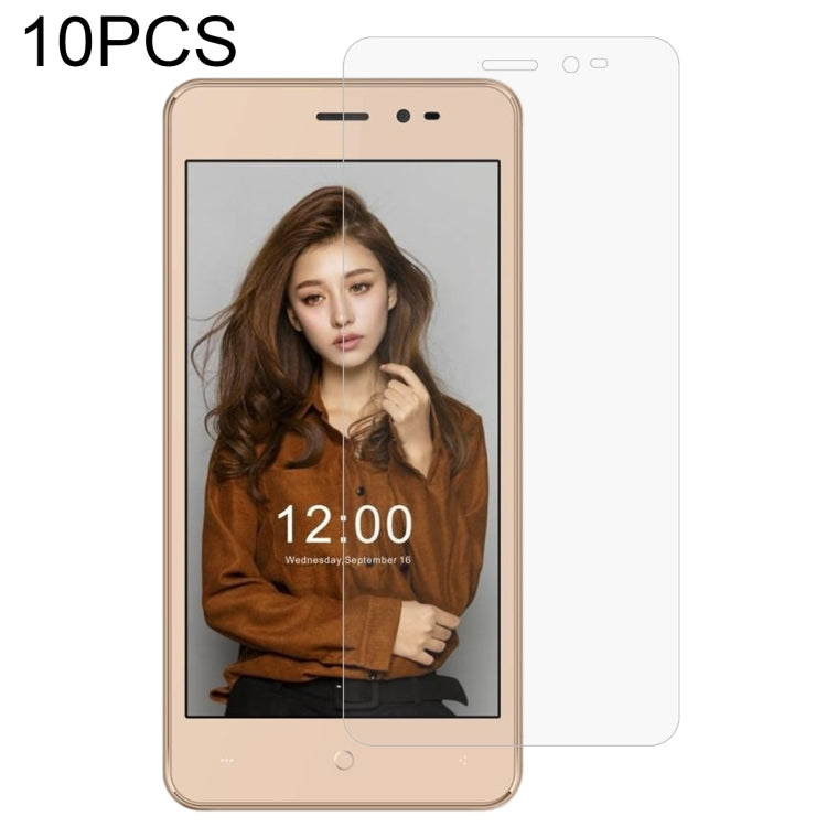 Tempered glass screen protector set (10 pcs) with transparent film on tan phone display.
